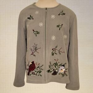 Winter Fleece Embroidered Bird Zip Up Sweater Croft & Barrow Petite Large